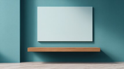 Slow bar coffee, A minimalist interior featuring a wooden shelf and a large, blank canvas against a teal wall, emphasizing simplicity and elegance.