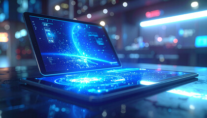 Futuristic Laptop: An advanced, sleek laptop illuminated with vibrant blue light, displaying a complex, intricate digital interface, hints at the cutting edge of technology.