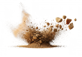 Earthy explosion scattering rocks and dust isolated on a transparent background