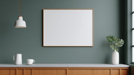 Slow bar coffee, A minimalist interior featuring a green wall, wooden furniture, a white vase with a plant, and a blank frame, creating a calm and stylish atmosphere.