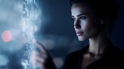 A woman focuses intently on a glowing futuristic digital interface displaying complex data
