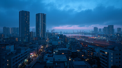 夜明け前の湾岸高層群景