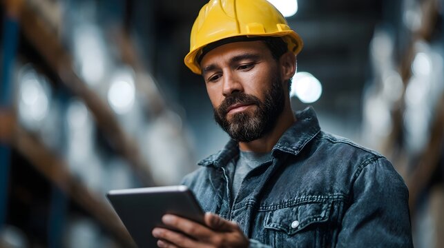 A male warehouse worker wearing a yellow hard hat examines a tablet overseeing inventory and logistics in an industrial setting - Powered by Adobe