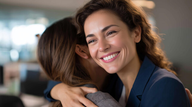 Smiling professional woman enthusiastically hugging colleague in modern workspace expressing mutual support and heartfelt encouragement | positive work environment team spirit