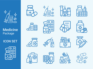 Medicine Package Icon Set. Medical Box, Healthcare Symbols, Pharmacy, Drugs, Pills and First Aid Vector.