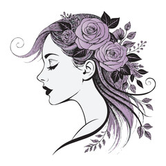 Elegant Woman Silhouette with Floral Hair – Vector Illustration