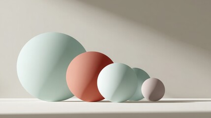 Large soft gradient spheres casting subtle shadows on neutral background, minimal futuristic design