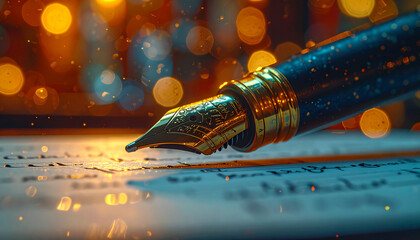 Elegant Writing Instrument: A close-up of a meticulously crafted pen poised over a textured paper, hinting at a world of creativity, thought, and literary exploration.