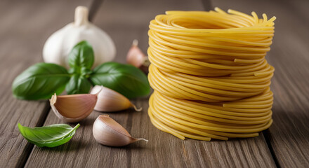 Coiled Spaghetti Noodles with Garlic and Basil Close Up