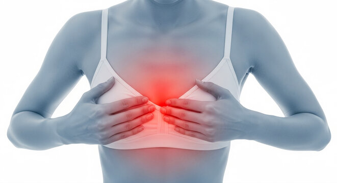Female self-examining for lumps, on a white background. A conceptual closeup to promote early detection. Breast cancer awareness, women's health, self-care. World Breast Cancer Day