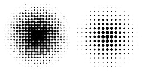 Halftone circle dotted frame circularly distributed set. Abstract dots logo emblem design element.