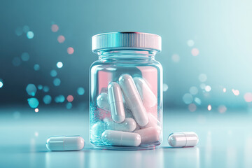 clear glass jar filled with white capsules sits on smooth surface, surrounded by soft blue glow and sparkling bokeh effects. scene conveys sense of health and wellness