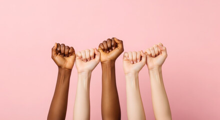 Diverse arms in solidarity on pink background. A symbol of strength and unity. Breast cancer awareness, support network, female empowerment. World Breast Cancer Day