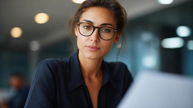 Skilled female accountant wearing stylish eyeglasses thoroughly discussing detailed financial report with business partner in sleek modern office | financial analysis accounting