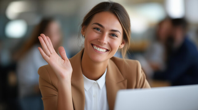 Smiling businesswoman enthusiastically waving hand on laptop during video call in meeting room with coworkers visible in background | video meeting virtual greeting online - Powered by Adobe
