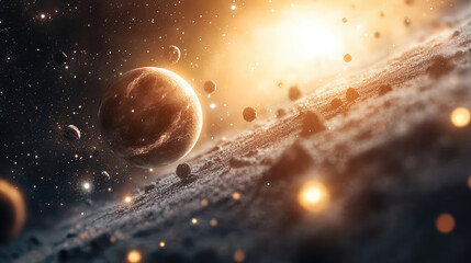 stunning outer space scene featuring distant planet surrounded by asteroids and cosmic dust, illuminated by bright star. vibrant colors create sense of wonder and exploration