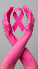Pink painted hands hold breast cancer ribbon.  A vibrant symbol of awareness and support. Hope, healthcare, charity. World Breast Cancer Day