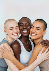 Three women hug. A portrait highlighting support and unity. Breast cancer awareness, women's health, survivor support. World Breast Cancer Day