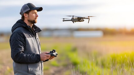 Man Operating Drone in Open Field During Golden Hour with Soft Sunlight and Clouds