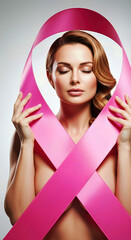 Woman holding pink ribbon, eyes closed. A hopeful studio portrait. Breast cancer awareness, support campaign, medical advocacy. World Breast Cancer Day