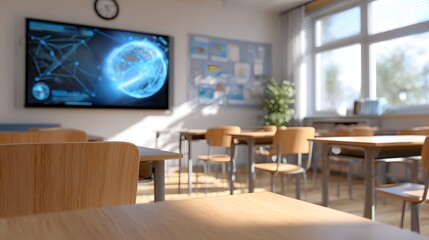 Modern Classroom Environment With Interactive Screen and Natural Light Through Large Windows