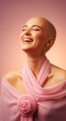 Woman with scarf laughing against pink backdrop. Studio portrait of hope and healing. Breast cancer awareness, survivor, positive attitude. World Breast Cancer Day