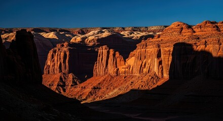 A scenic view of Monument Valley with dramatic shadows and warm sunlight illuminating the red rock formations against a clear blue sky.
