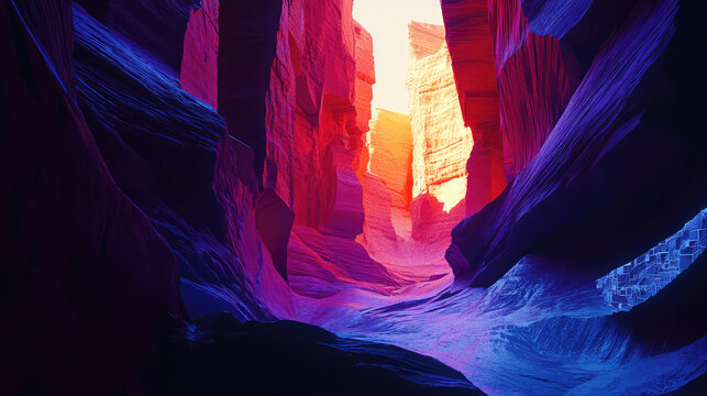 vibrant canyon scene with deep, colorful rock formations illuminated by light, creating stunning visual contrast. unique textures and colors evoke sense of wonder and exploration - Powered by Adobe