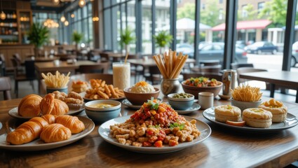 Variety of Colorful Dishes and Snacks on Wooden Table in a Contemporary Restaurant Setting