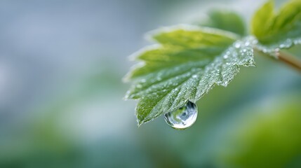Closeup of Dew Droplet on Fresh Green Leaf in Soft Natural Light with Gentle Blur Background