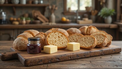 Freshly Sliced Bread With Cheese And Jam On A Wooden Table In A Rustic Kitchen Setting