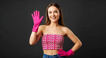 Smiling woman in pink HOPE top on gray. An awareness portrait filled with optimism. Breast cancer awareness, medical research, supportive hope. World Breast Cancer Day