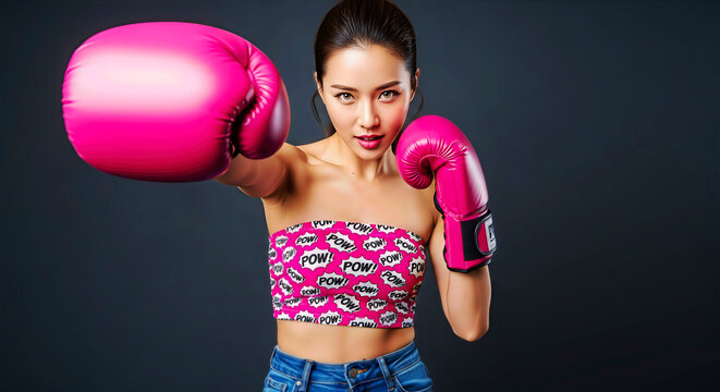 Woman in boxing stance with pink gloves. Empowerment and strength displayed. Breast cancer awareness, health advocacy, fighting spirit. World Breast Cancer Day - Powered by Adobe