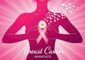 Woman's silhouette embraces breast cancer ribbon with daisy, pink background. An encouraging symbolic illustration. Fighting illness, support. World Breast Cancer Day
