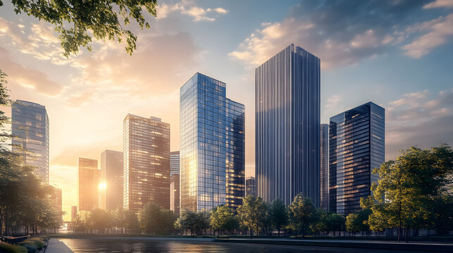 A stunning 3D architectural rendering of modern high-rise buildings in the city.
