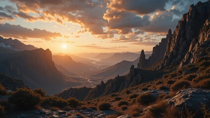 Breathtaking Sunset Over Rocky Mountains and Serene Valley in a Tranquil Nature Landscape