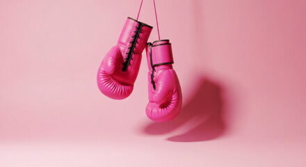 Pink boxing gloves hanging on a pink background. Symbolic and supportive scene. Breast cancer awareness, fighting spirit, October campaign. World Breast Cancer Day
