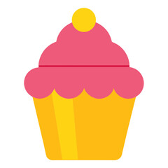 Cute pink frosted cupcake with yellow cherry isolated on white background