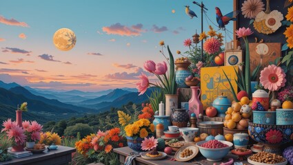 Vibrant Still Life with Colorful Ceramics and Flowers Against a Scenic Mountain Sunset Background