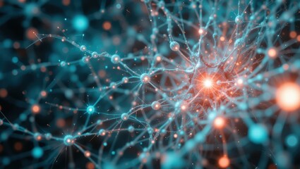 Abstract Digital Network Visualization with Glowing Connections in Blue and Orange Tones