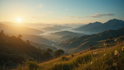 Breathtaking Sunrise Over Rolling Mountains and Serene Valleys in a Tranquil Landscape