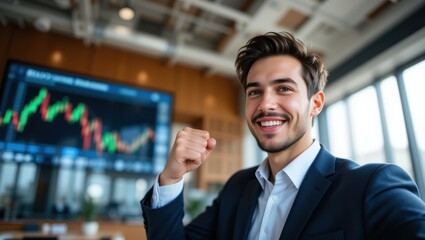 Confident Young Man Celebrating Success in Modern Office with Financial Graphs on Screen