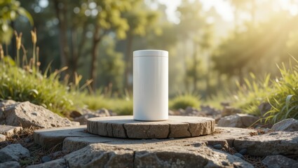 Minimalist Wireless Device on Stone Platform Surrounded by Lush Greenery in Sunlit Forest