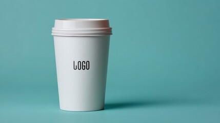 Slow bar coffee, A minimalist white coffee cup with a logo stands against a teal background, emphasizing simplicity and modern design.