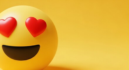 A Close Up of a Yellow Emoji Face with Red Heart Shaped Eyes Smiling Happily Against a Solid Yellow Background