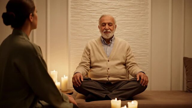 Elderly man sits cross-legged, smiling and looking at camera, while a woman listens attentively. Soft candlelight creates peaceful atmosphere in comfortable room