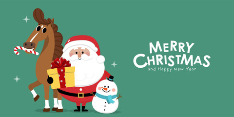 Merry Christmas and happy new year 2026 greeting card with Santa Claus, snowman and cute horse. Holidays animal zodiac cartoon character. -Vector