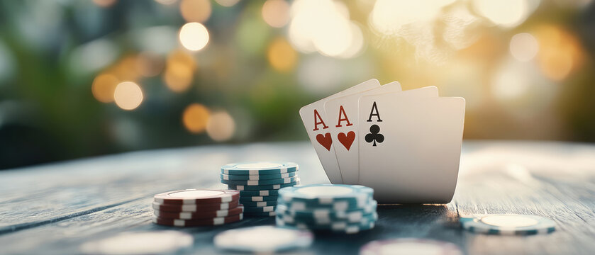 Three playing cards showing aces and stack of poker chips on wooden table, creating exciting for card games - Powered by Adobe