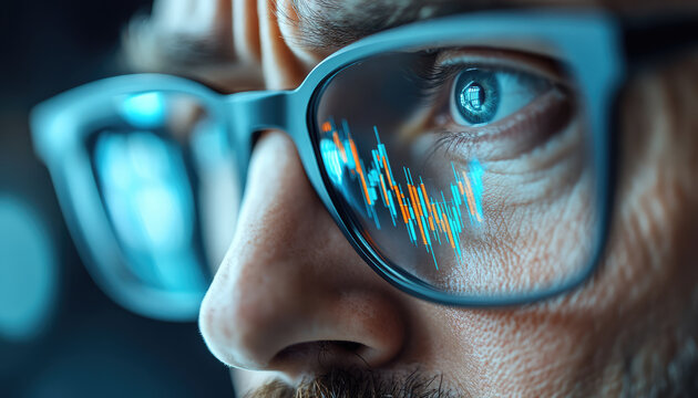 focused individual with glasses observes financial data ed in their lenses, deep engagement with market trends and analytics - Powered by Adobe