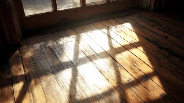 Sunlight streams through grimy windowpanes, casting dramatic shadows across aged, worn wooden floorboards